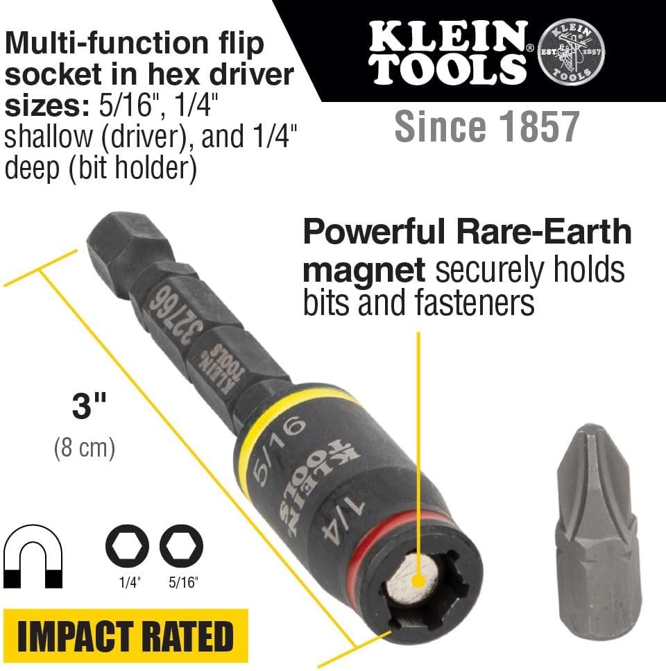 Klein Tools 32766 Impact Driver, 3-in-1 Impact Flip Socket and Bit Holder, 1 /4-Inch and 5/16-Inch Hex Drivers, 3-Inch Length