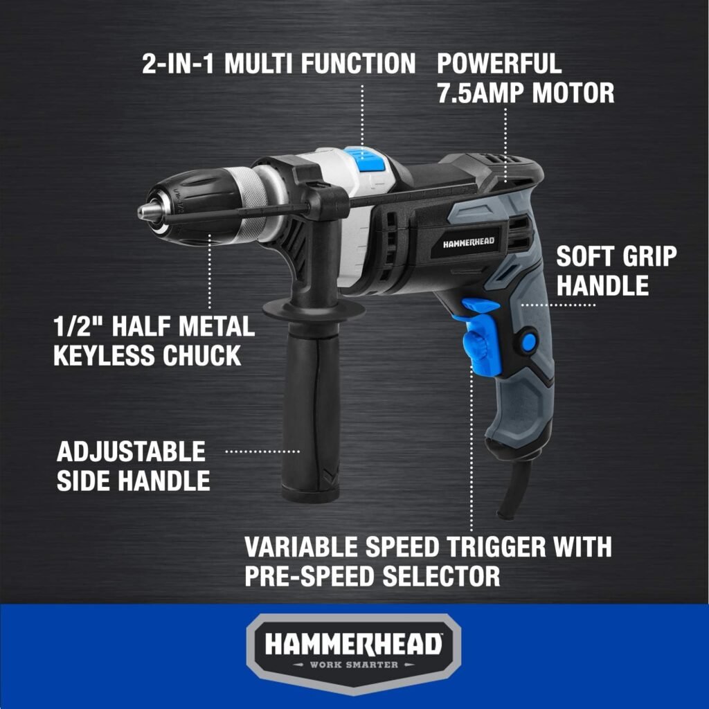Hammerhead 7.5-Amp 1/2 Inch Variable Speed Hammer Drill with 6pcs Bit - HAHD075