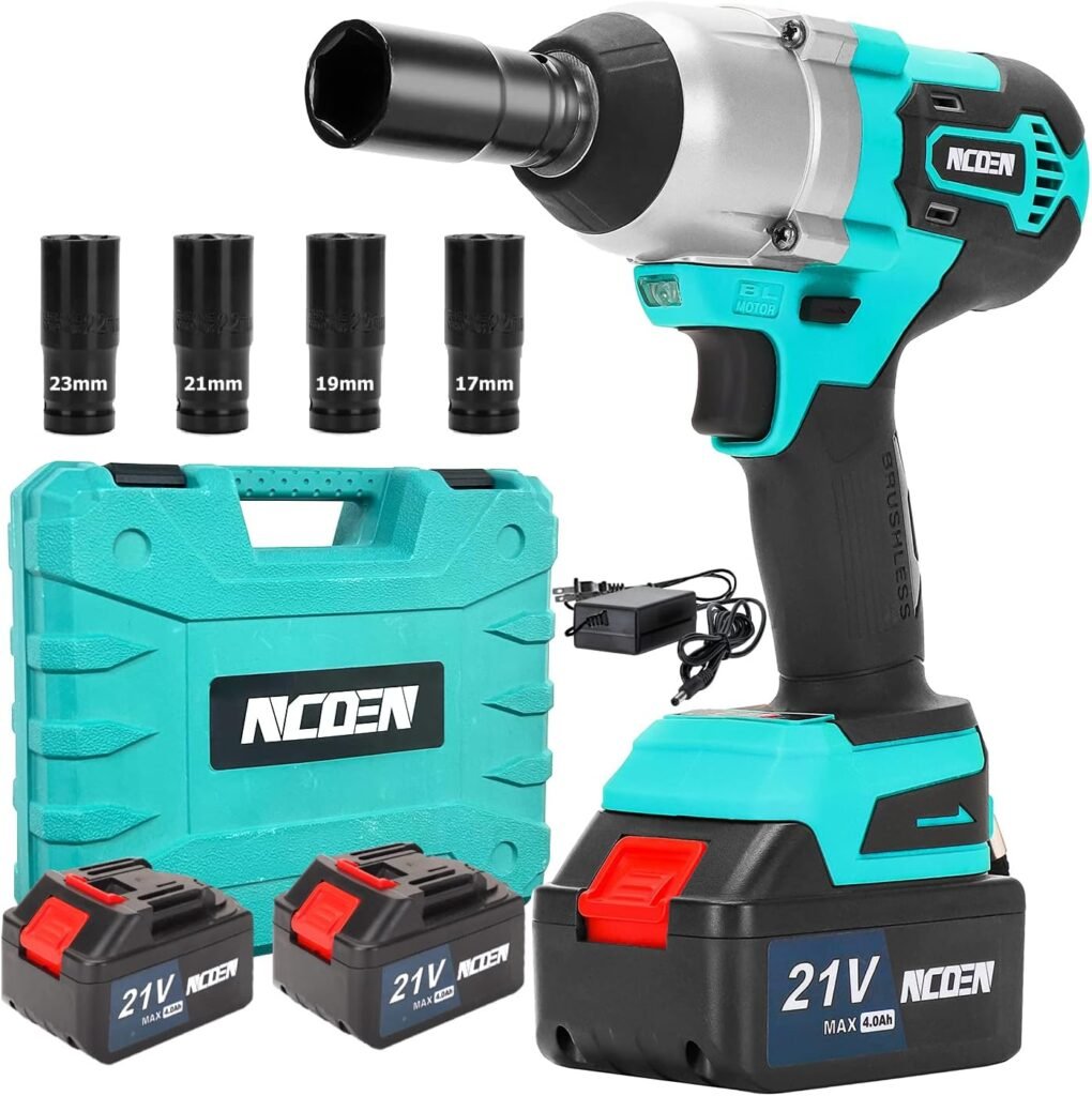 NCOEN 600N.m Impact Driver Cordless 1/2 inch Impact Gun, 2 x 4.0 Batteries Power Impact Wrench max torque 450ft/lbs, with 4 sockets and portable carrying case for home garden Blue