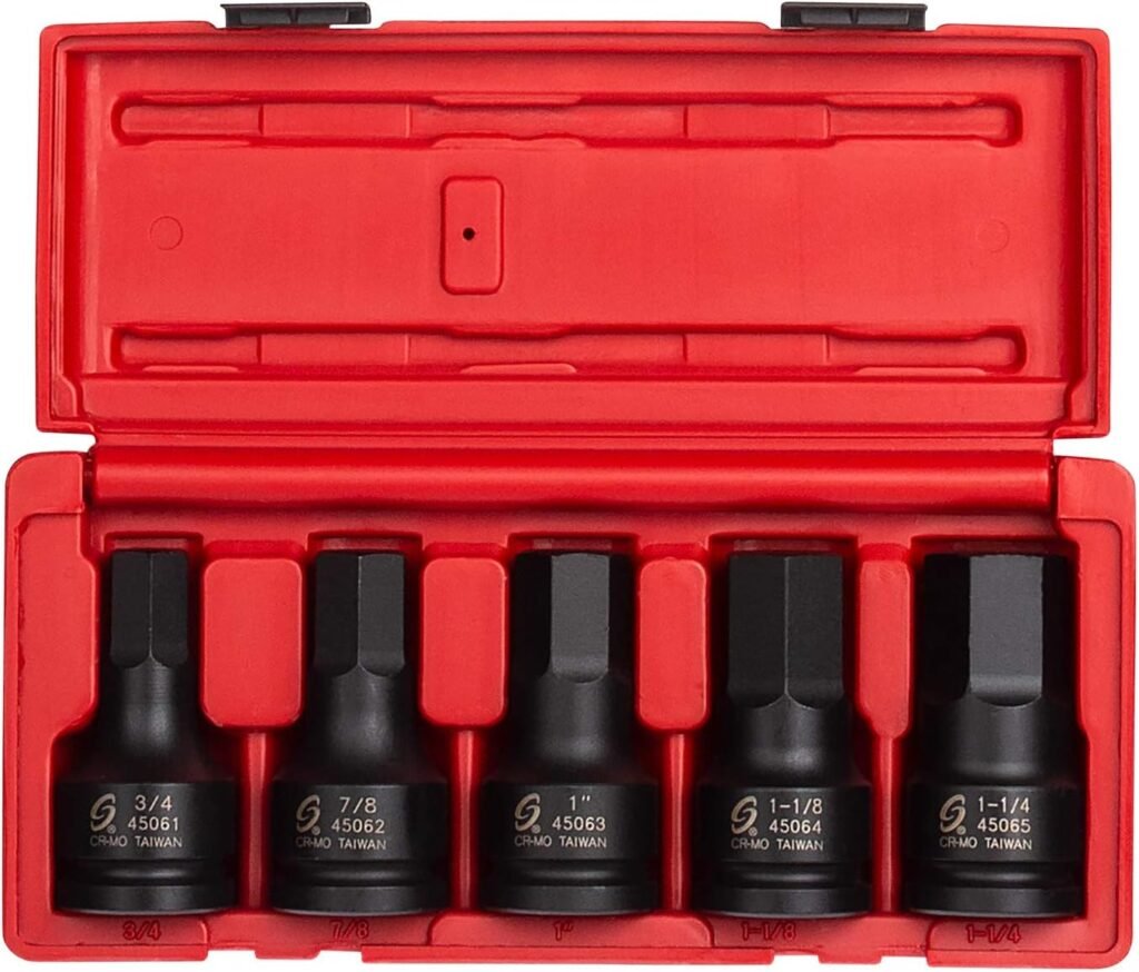 SUNEX TOOLS 4506, 3/4 Inch Drive Impact Hex Driver Set, 5-Pieces, SAE, 3/4 - 1-1/4, Cr-Mo Steel, Solid One Piece Construction, Dual Size Markings, Heavy Duty Storage Case