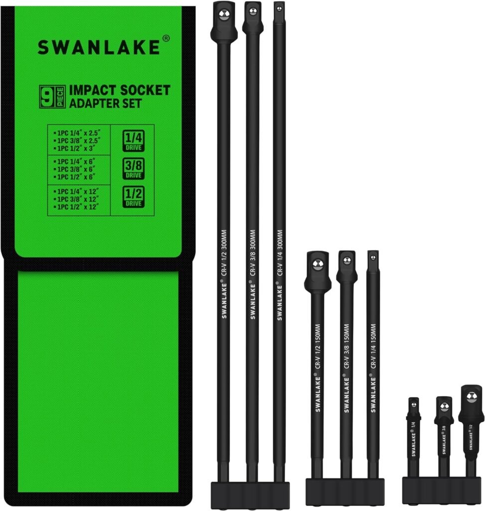 SWANLAKE 9-Piece Impact Grade Power Drill Sockets Adapter Sets, 3-Inch 6-Inch and 12-Inch Hex Shank Impact Driver Socket Adapter, Socket to Drill Adapter 1/4 3/8 1/2 Impact Driver Adapter