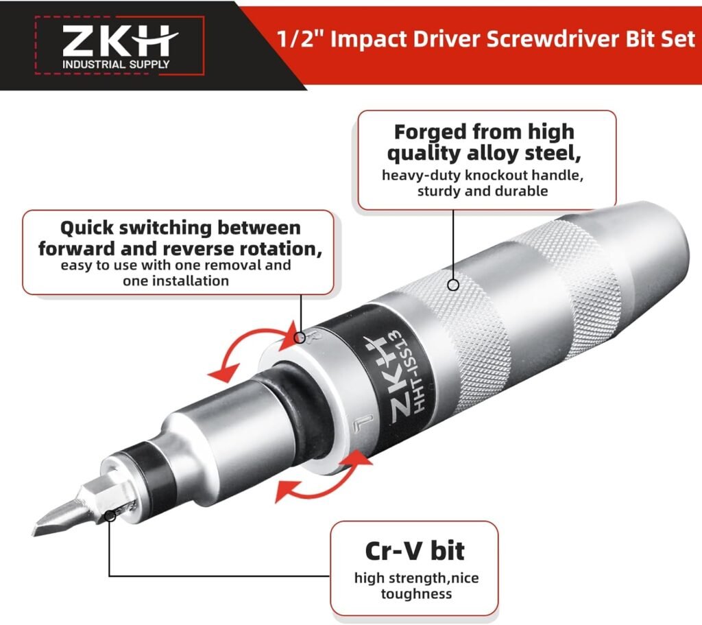 ZKH 1/2 CR-V Hand Impact Screwdriver, Manual Reversible Impact Driver Includes 12-Piece Flathead, Phillips, Hex Bit Set, Disengage Rusted Fasteners or Frozen Bolts, Ideal Hand Tool for Men, Dad